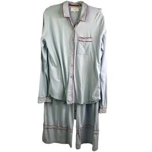 La Ligne Pajama Set Womens Sz XL Blue Cotton Button Front Shirt Drawstring Pants